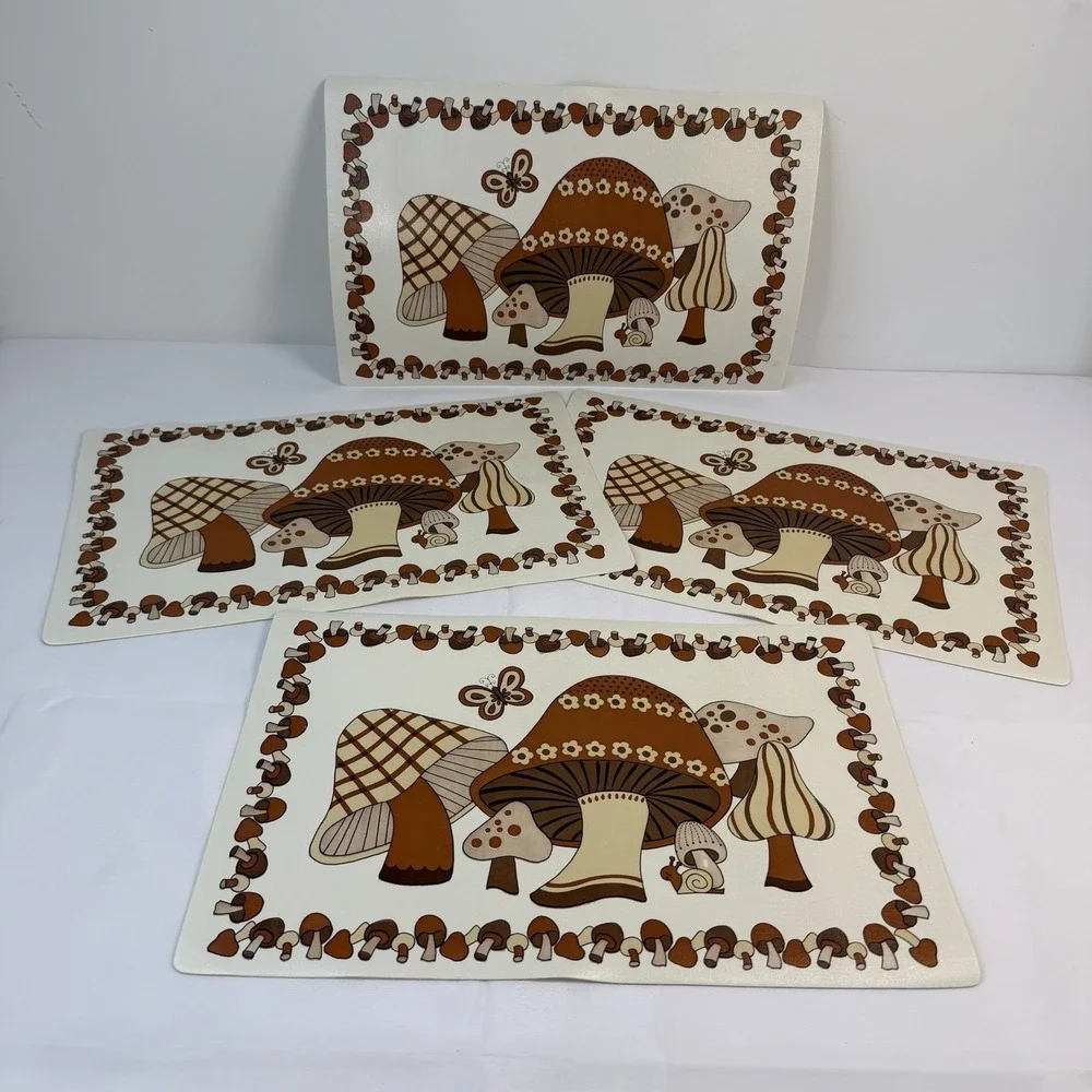Vintage MOD Brown Mushroom Butterfly Vinyl Foam Placemat 70s Retro Lot of 4 MCM